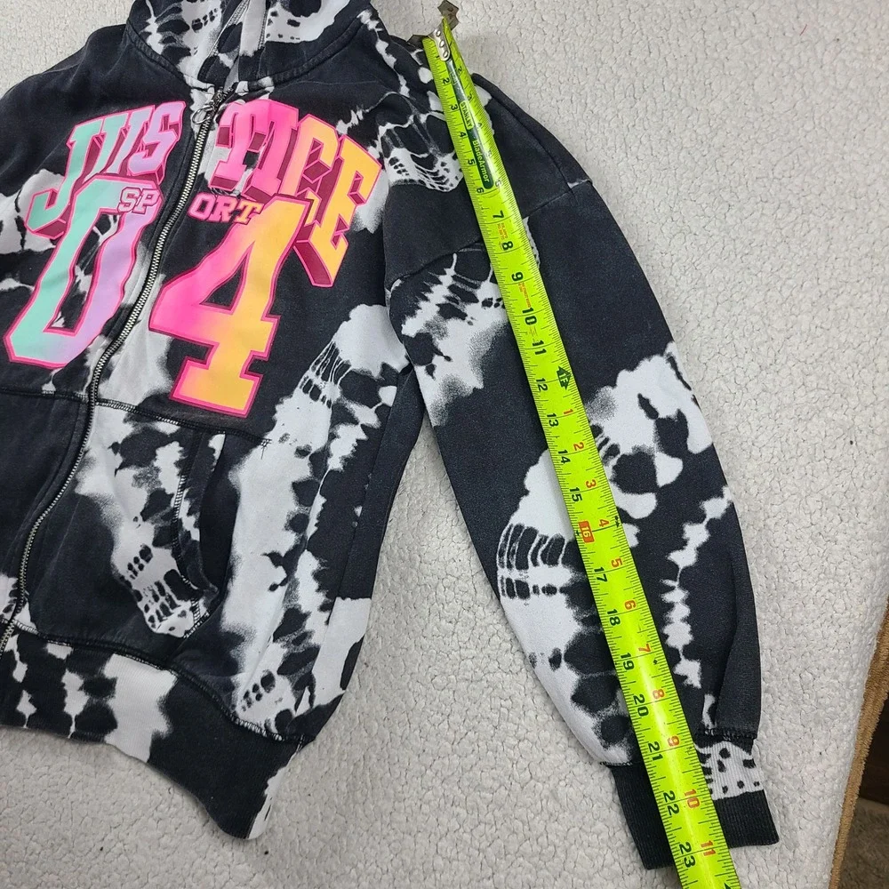 Justice Sport Girls Black White Tie Dye Zip Up Hoodie Neon Graphic Sweatshirt